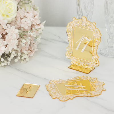 Wedding Table Numbers 11-20 – Gold Mirror Arch Acrylic with Baroque Lace Border, White Print & Stands for Elegant Receptions - 5"x7"