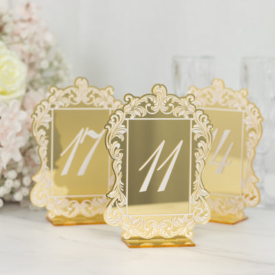 Wedding Table Numbers 11-20 – Gold Mirror Arch Acrylic with Baroque Lace Border, White Print & Stands for Elegant Receptions - 5"x7"