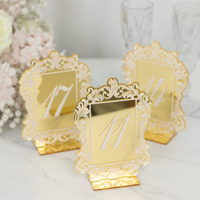 Wedding Table Numbers 11-20 – Gold Mirror Arch Acrylic with Baroque Lace Border, White Print & Stands for Elegant Receptions - 5"x7"