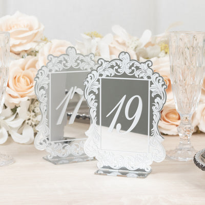 Wedding Table Numbers 11-20 – Silver Mirror Arch Acrylic with Baroque Lace Border, White Print & Stands for Elegant Receptions - 5"x7"