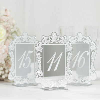 Wedding Table Numbers 11-20 – Silver Mirror Arch Acrylic with Baroque Lace Border, White Print & Stands for Elegant Receptions - 5"x7"