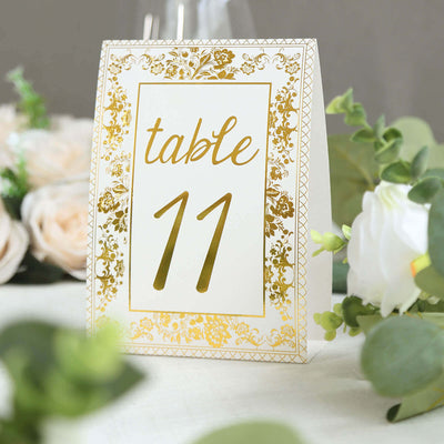 25-Pack Paper Wedding Table Numbers 7" White/Metallic Gold French Floral Toile Design with Foil Numbers 1-25 Chic Free Standing Double Sided Table Sign Cards