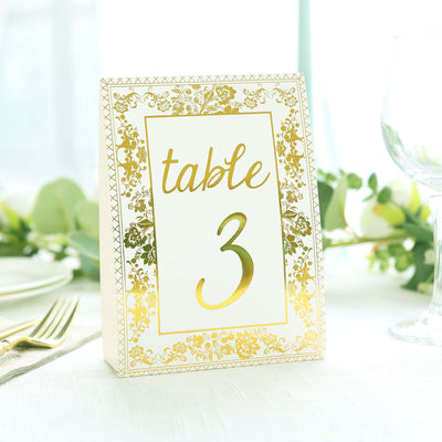 25-Pack Paper Wedding Table Numbers 7" White/Metallic Gold French Floral Toile Design with Foil Numbers 1-25 Chic Free Standing Double Sided Table Sign Cards