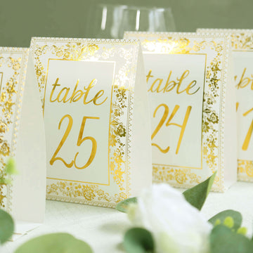 25 Pack White Metallic Gold Wedding Table Numbers With French Toile Floral and Foil Numbers Print, 7" Free Standing Double Sided Paper Table Sign Cards 1-25