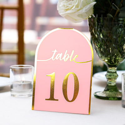 25-Pack Disposable Table Numbers 7" Blush Free Standing Double Sided Table Number Place Cards with Metallic Gold Foil Numbers 1-25