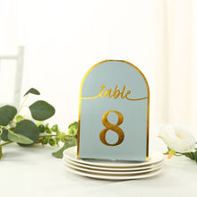 25 Pack Dusty Blue Arch Wedding Table Numbers with Metallic Gold Foil 1-25 Numbers Print