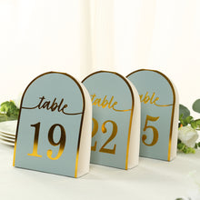 25 Pack Dusty Blue Arch Wedding Table Numbers with Metallic Gold Foil 1-25 Numbers Print