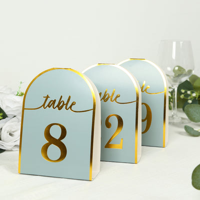 25-Pack Disposable Table Numbers 7" Dusty Blue Free Standing Double Sided Table Number Place Cards with Metallic Gold Foil Numbers 1-25