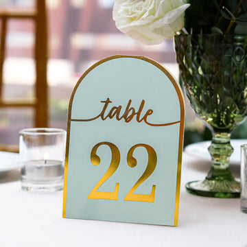 <span style="background-color:transparent;color:#000000;">Elegant Dusty Blue Gold Arch Cutout Paper Table Numbers</span>