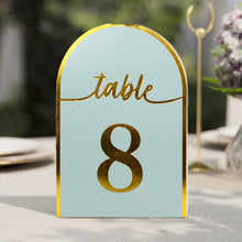 25 Pack Dusty Blue Arch Wedding Table Numbers with Metallic Gold Foil 1-25 Numbers Print