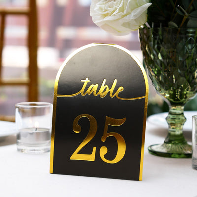 25-Pack Disposable Table Numbers 7" Black Free Standing Double Sided Table Number Place Cards with Metallic Gold Foil Numbers 1-25