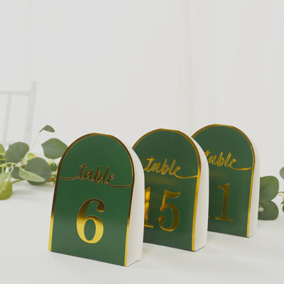 25-Pack Disposable Table Numbers 7" Hunter Emerald Green Free Standing Double Sided Table Number Place Cards with Metallic Gold Foil Numbers 1-25
