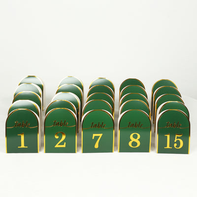 25-Pack Disposable Table Numbers 7" Hunter Emerald Green Free Standing Double Sided Table Number Place Cards with Metallic Gold Foil Numbers 1-25