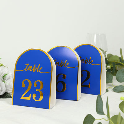 25-Pack Disposable Table Numbers 7" Royal Blue Free Standing Double Sided Table Number Place Cards with Metallic Gold Foil Numbers 1-25