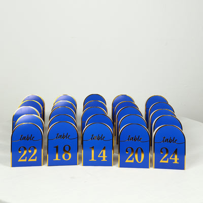 25-Pack Disposable Table Numbers 7" Royal Blue Free Standing Double Sided Table Number Place Cards with Metallic Gold Foil Numbers 1-25