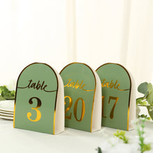 25 Pack Sage Green Arch Wedding Table Numbers with Metallic Gold Foil 1-25 Numbers Print