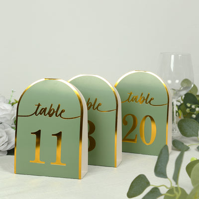 25-Pack Disposable Table Numbers 7" Sage Green Free Standing Double Sided Table Number Place Cards with Metallic Gold Foil Numbers 1-25