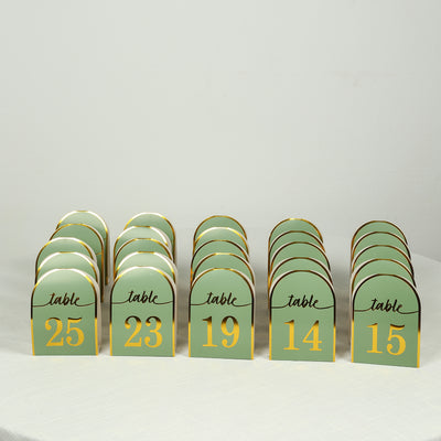 25-Pack Disposable Table Numbers 7" Sage Green Free Standing Double Sided Table Number Place Cards with Metallic Gold Foil Numbers 1-25