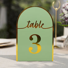 25 Pack Sage Green Arch Wedding Table Numbers with Metallic Gold Foil 1-25 Numbers Print