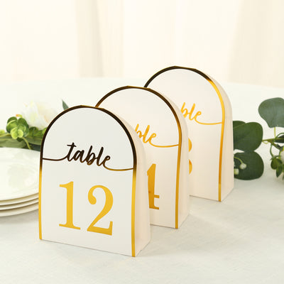 25-Pack Disposable Table Numbers 7" White Free Standing Double Sided Table Number Place Cards with Metallic Gold Foil Numbers 1-25
