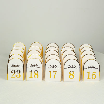 25-Pack Disposable Table Numbers 7" White Free Standing Double Sided Table Number Place Cards with Metallic Gold Foil Numbers 1-25