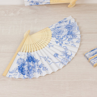 5-Pack Paper Folding Fans in White & Blue French Toile Pattern, Handheld Party Favors Fans with Bamboo Frame