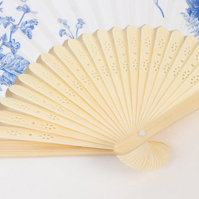 5-Pack Paper Folding Fans in White & Blue French Toile Pattern, Handheld Party Favors Fans with Bamboo Frame