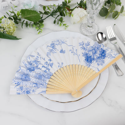 5-Pack Paper Folding Fans in White & Blue French Toile Pattern, Handheld Party Favors Fans with Bamboo Frame