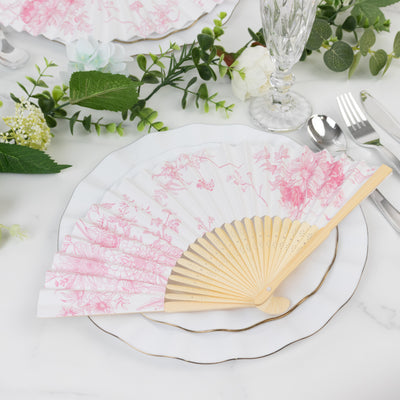 5-Pack Paper Folding Fans in White & Pink French Toile Pattern, Handheld Party Favors Fans with Bamboo Frame