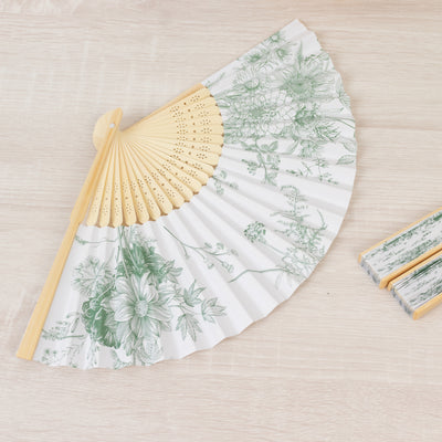 5-Pack Paper Folding Fans in White & Sage Green French Toile Pattern, Handheld Party Favors Fans with Bamboo Frame