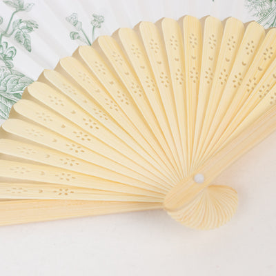 5-Pack Paper Folding Fans in White & Sage Green French Toile Pattern, Handheld Party Favors Fans with Bamboo Frame
