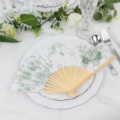 5-Pack Paper Folding Fans in White & Sage Green French Toile Pattern, Handheld Party Favors Fans with Bamboo Frame