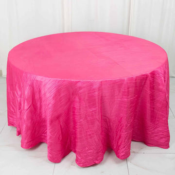 Fuchsia Seamless Accordion Crinkle Taffeta Round Tablecloth 120" for 5 Foot Table With Floor-Length Drop