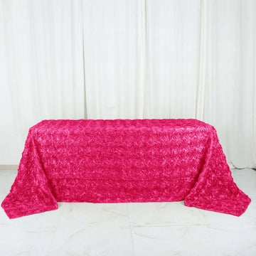 Fuchsia Seamless Grandiose 3D Rosette Satin Rectangle Tablecloth 90"x132" for 6 Foot Table With Floor-Length Drop