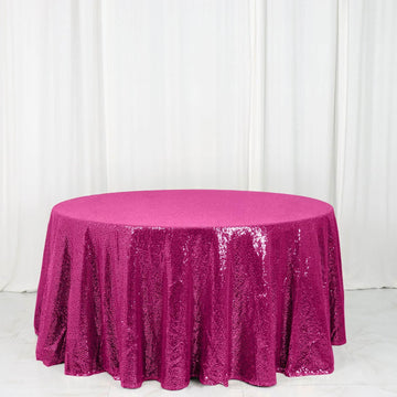 Fuchsia Seamless Premium Sequin Round Tablecloth 120" for 5 Foot Table With Floor-Length Drop