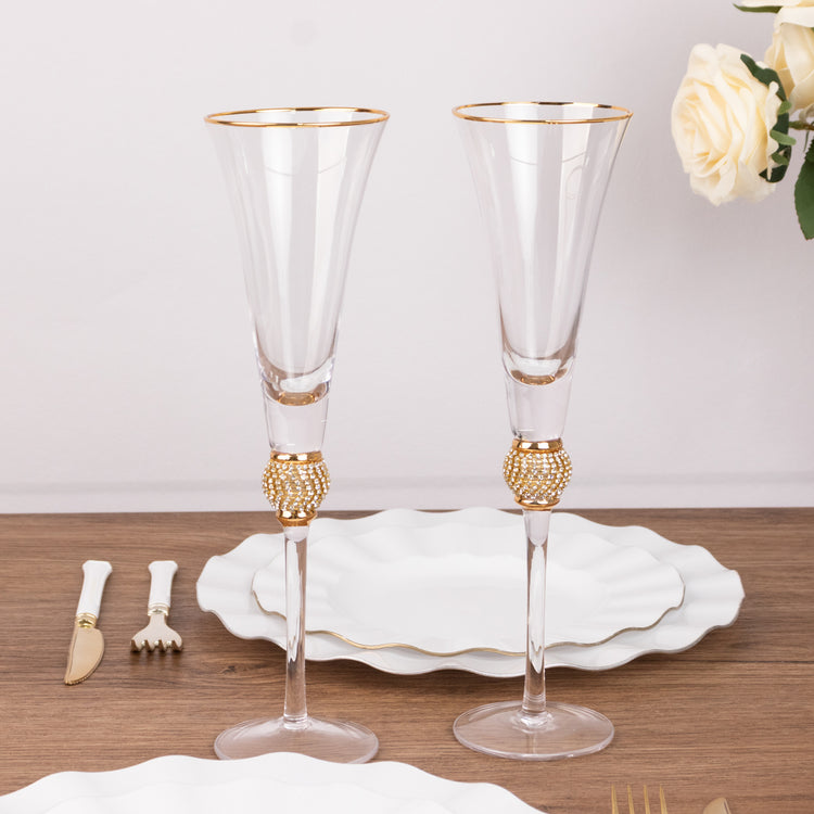 6 Pack Gold Rim Clear Champagne Flute Glasses with Studded Diamond Rhinestones 6oz Long Stem Crystal