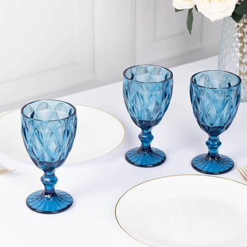 6 Pack Ocean Blue Crystal Cut Wine Glasses Goblets, 12oz Embossed Stemmed Colored Cocktail Glasses - 7"