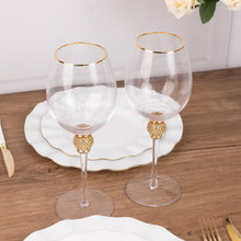 Set of 6 Gold Rimmed Clear Wine Goblet Glasses Rhinestones Studded Stem, 16oz Handblown Glassware