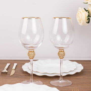 Set of 6 Gold Rimmed Clear Wine Goblet Glasses with Rhinestones Studded Stem, 16oz Handblown Glassware Vintage Crystal Water Goblet Cocktail Glasses - 10"