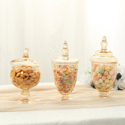 Set of 3 Amber Gold Glass Jars 8.5", 9", 10" Apothecary Design with Snap-On Lids - Decorative Footed Candy Buffet Containers