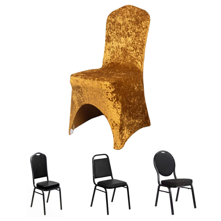 Gold Crushed Velvet Spandex Stretch Banquet Chair Cover With Foot Pockets - 190 GSM