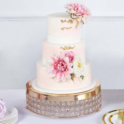 Metal Cake Stand Pedestal 14" Crystal Beaded Design Gold - Cupcake Display and Dessert Riser