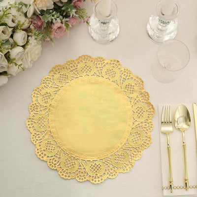 50 Pcs Paper Round Placemats 12" Gold - Food Grade Lace Paper Doilies for Desserts, Crafts & Table Decor
