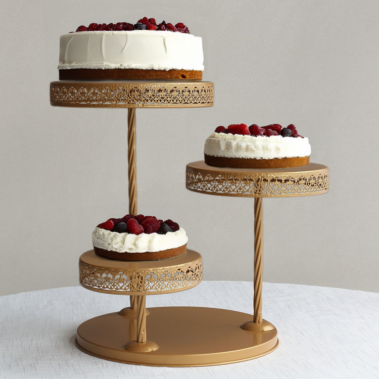 3-Tier Gold Metal Cupcake Tower Dessert Stand, Hollow Lace Design Round Tiered Cake Stand
