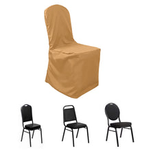 Banquet polyester chair cover in gold color, with measurements 17 inches wide, 18 inches deep, 19 in