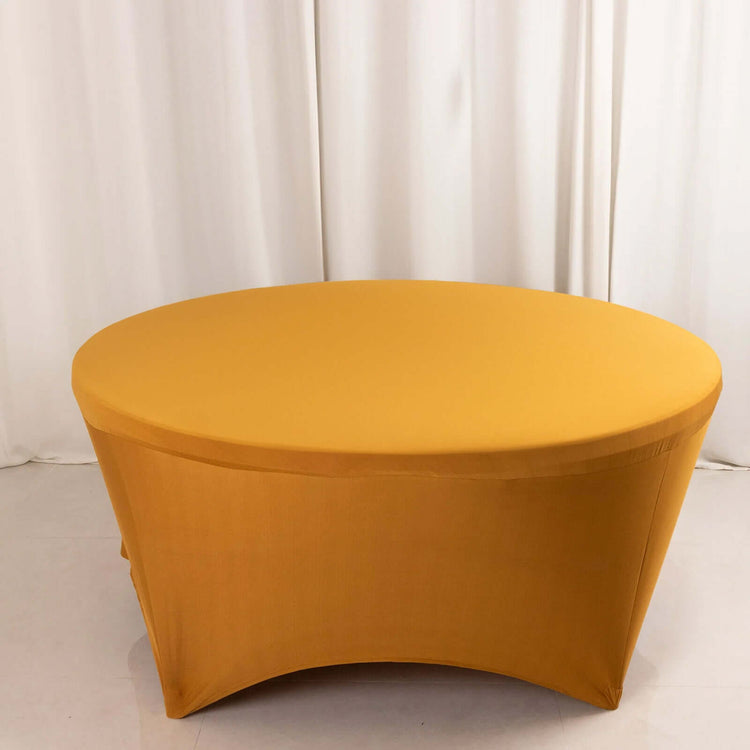 Gold Round Stretch Spandex Tablecloth 6ft Fitted Table Cover for 72 inch Tables