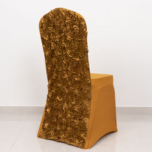 Gold Satin Rosette Spandex Stretch Banquet Chair Cover, Fitted Slip On Chair Cover