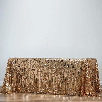 Gold Seamless Big Payette Sequin Rectangle Tablecloth Premium 90"x156" for 8 Foot Table With Floor-Length Drop