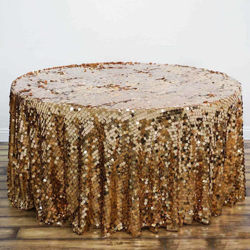 Gold Seamless Big Payette Sequin Round Tablecloth Premium Collection 120" for 5 Foot Table With Floor-Length Drop