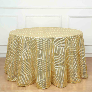 Gold Seamless Diamond Glitz Sequin Round Tablecloth 120" for 5 Foot Table With Floor-Length Drop